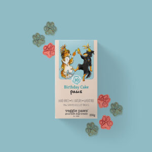Veggie Paws Birthday Cake dog treat in 10th anniversary packaging